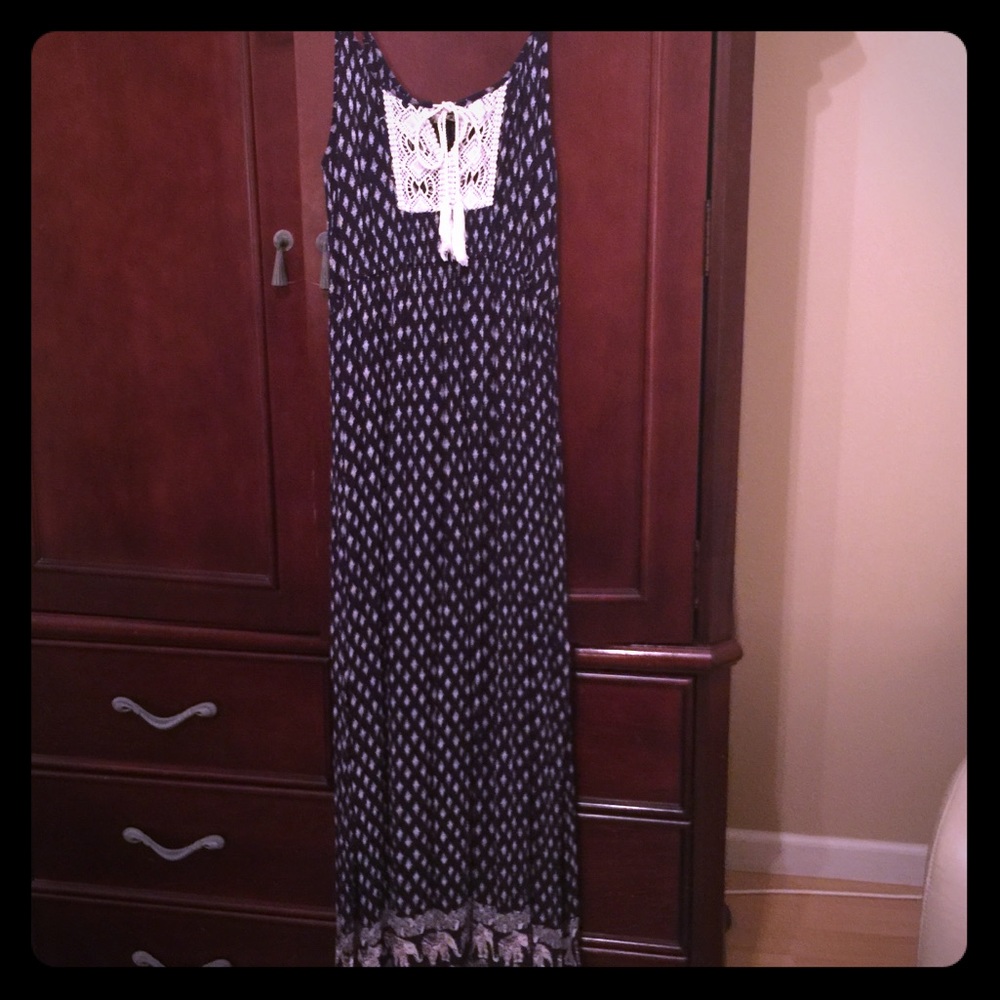 Navy & White Maxi Sundress Crochet Tassel Ties
